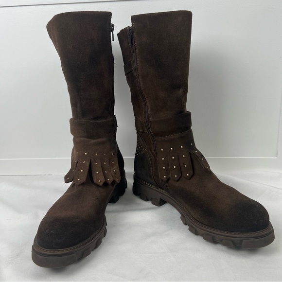 Manas Brown Suede Studded Biker Boots With Fringe Women’s EU 40/ US 9.5 - Picture 2 of 10